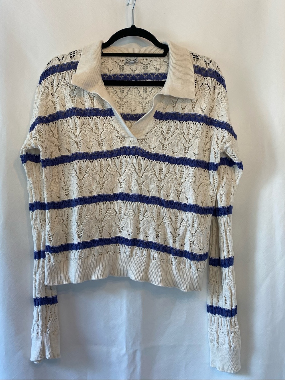 Womens Coastal Cream And Blue Striped 100% Cotton Pointelle Knit Polo Sweater MD